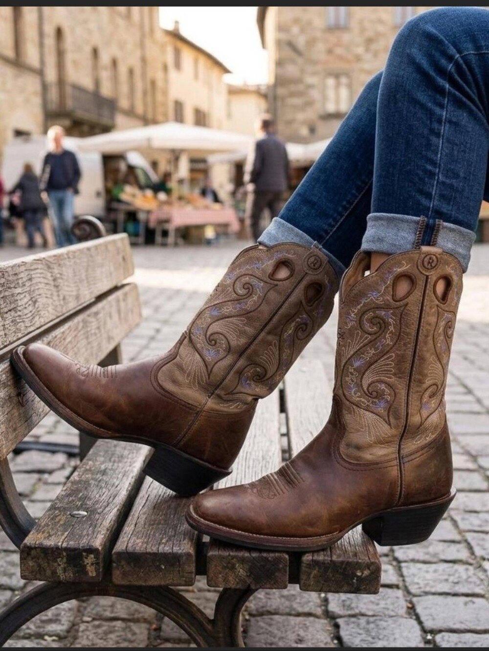 Tomy Lama Shiloh Leather Mid Calf Embroidered Square Toe Western Cowboy Boots